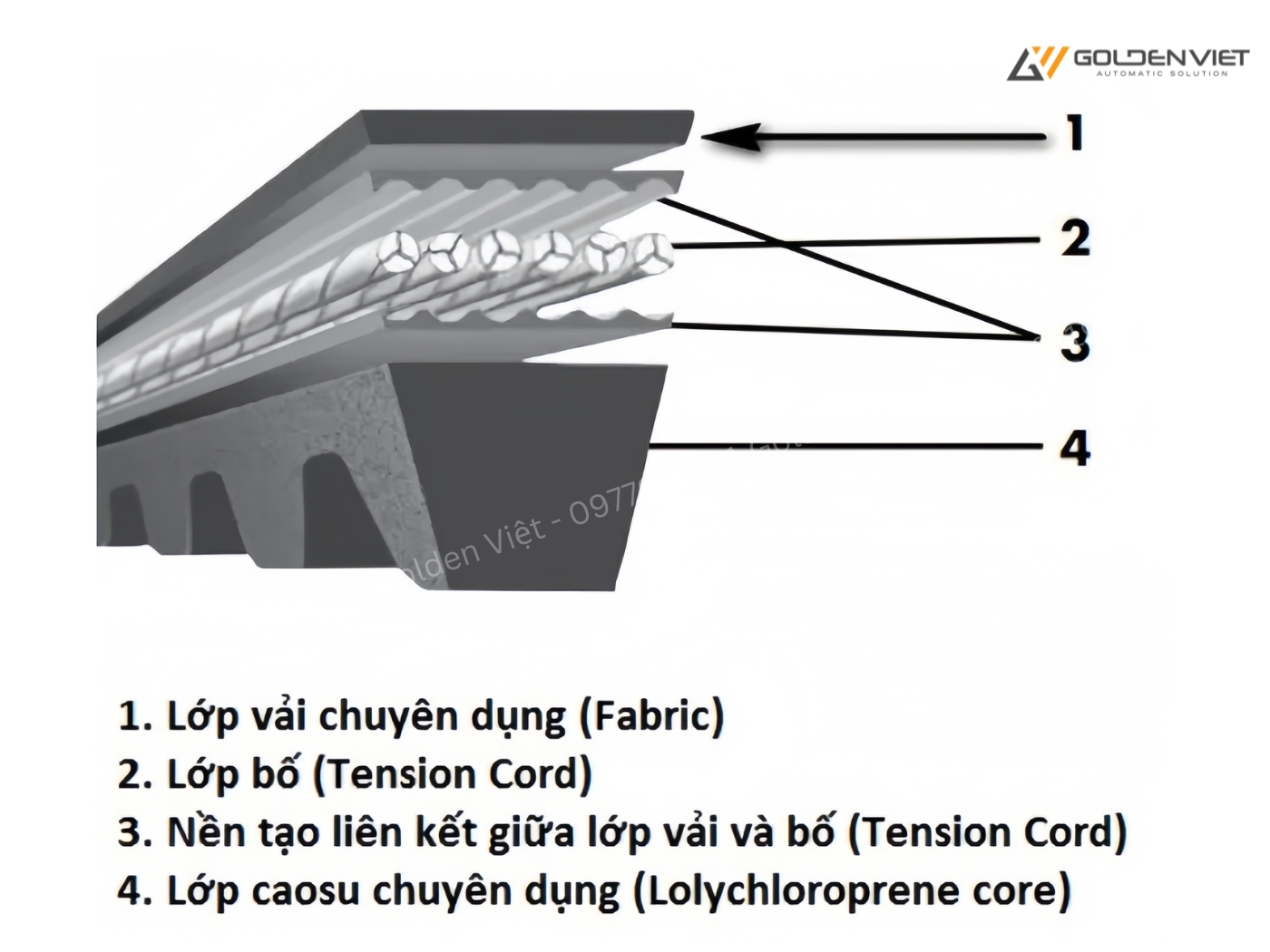 Dây curoa được tạo thành từ 4 lớp liên kết chặt chẽ, bền bỉ