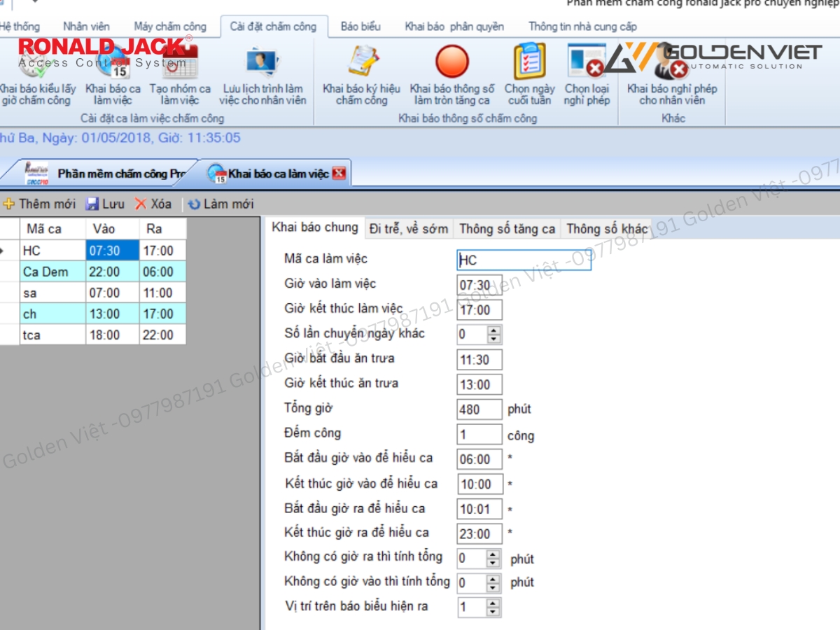 Khai báo ca làm việc trên phần mềm Ronald Jack Pro
