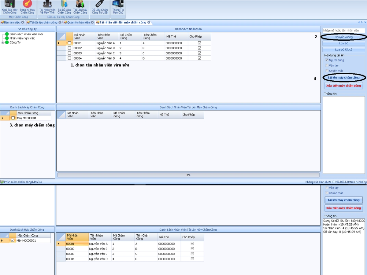 Tải thông tin nhân viên từ phần mềm lên máy chấm công
