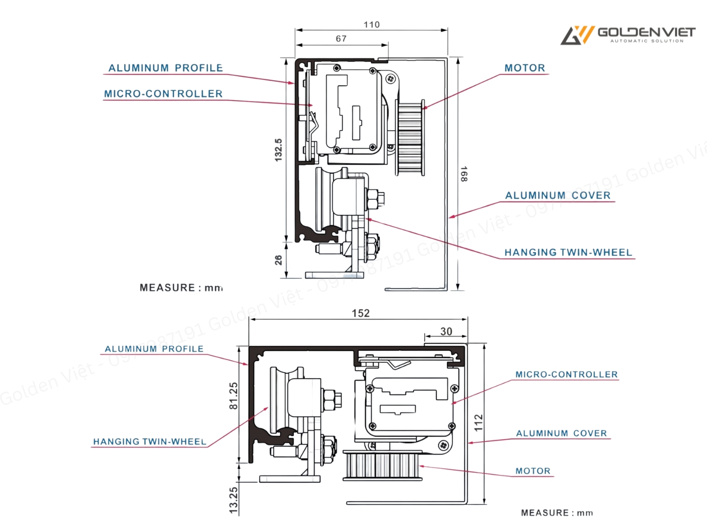 Kích thước của cửa trượt tự động KTH Model AD-3